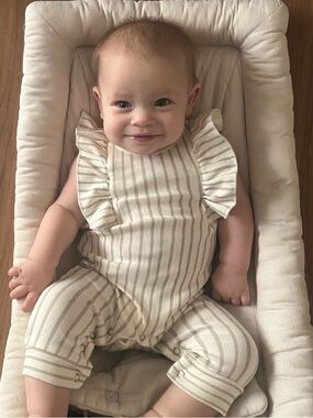 Pehr Stripes Away Sleeveless Ruffle Romper in Pebble Gray Organic Cotton 0-3 3m